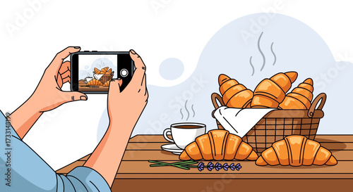 Smartphone food photography: Capturing a delicious breakfast of fresh croissants, hot coffee, and blueberries on a wooden table.