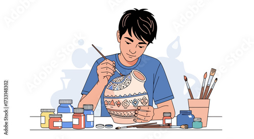 Young artist painting intricate patterns on a pottery vase. Creative hobby and handmade craft illustration.