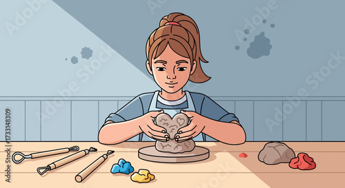 Young woman artist shaping a clay heart in a pottery workshop, engaged in creative hands-on ceramics art and craft activity.