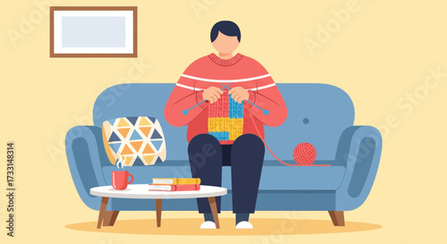 Person Knitting Colorful Yarn on Sofa. Relaxing Home Hobby in Living Room. Cozy Leisure Activity. Flat Illustration.