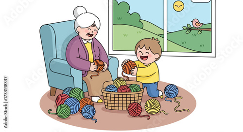 Cheerful grandma and grandson with colorful yarn balls, enjoying crafting and family time together