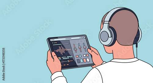 Digital Audio Editing & Music Production on Tablet with Headphones. Sound Engineering Concept.