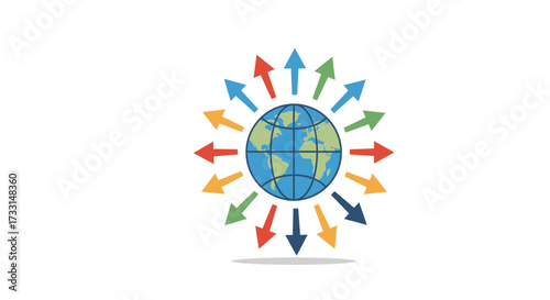 Global Outreach Arrows Radiating from a Central World Globe.