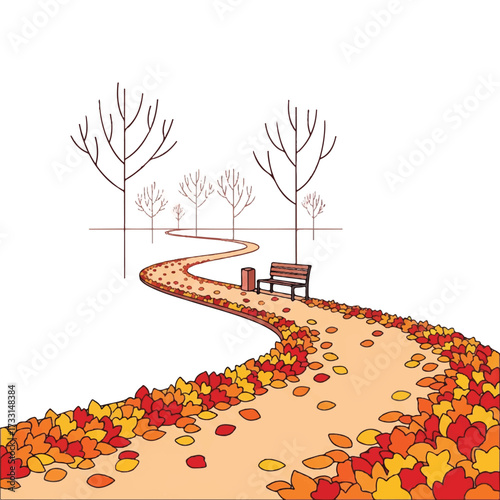 Illustration of a winding autumnal path with a bench and trees in a vibrant color palette against a white background.