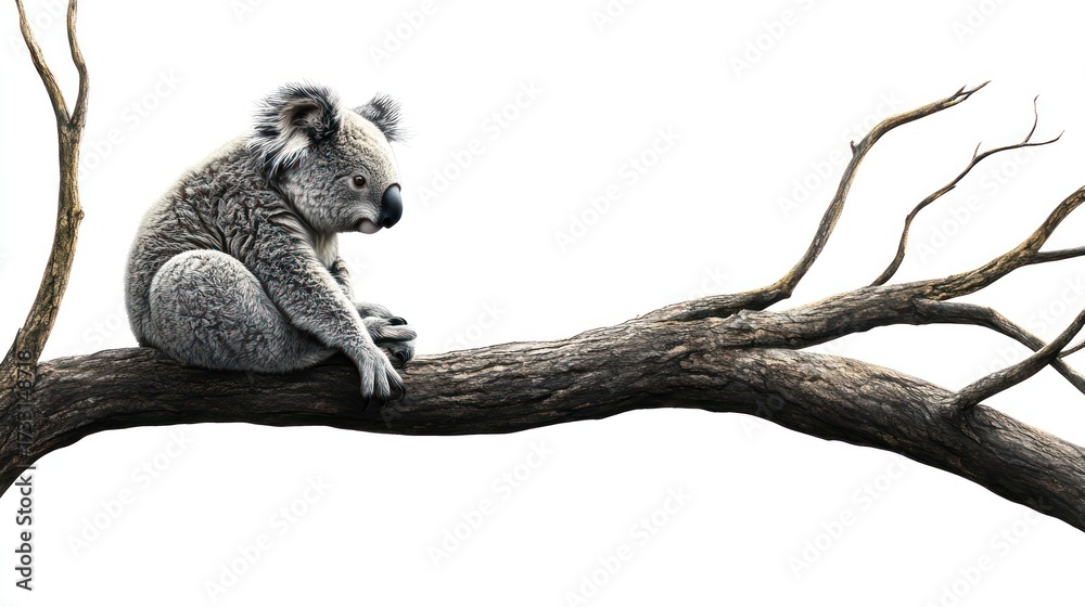 Fototapeta premium Koala bear sitting on tree branch against a white background