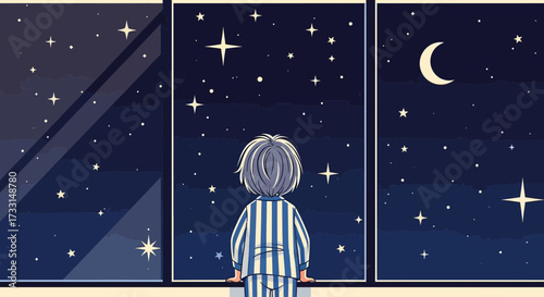 A child in pajamas gazing out the window at a starry night sky with a crescent moon.