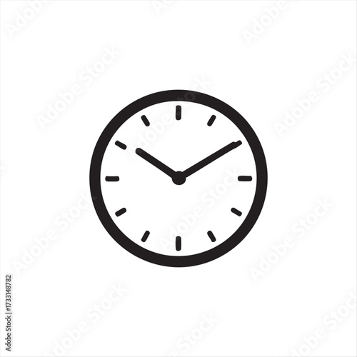 A round black wall clock with second, minute, and hour arrows showing the time, isolated on a white background as an office symbol or vector illustration