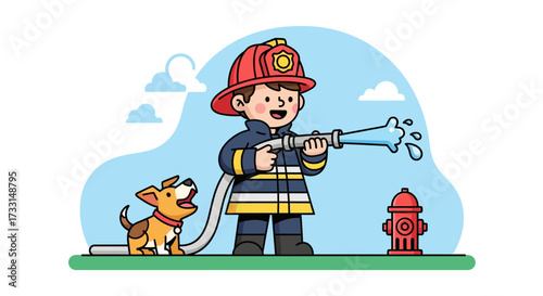 A young firefighter playing with a hose and dog near a fire hydrant.