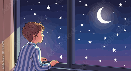 Young boy in pajamas gazing out the window at a starry night sky with a crescent moon.