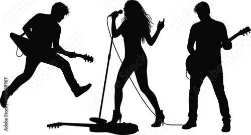 Rock band silhouette on stage, musicians playing electric guitar with female singer performing live concert, music entertainment, festival performance, night show