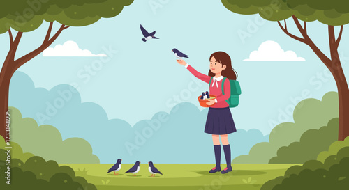 Girl with backpack feeding birds from her hand in a park, nature care illustration