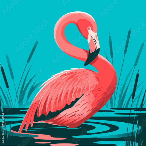 Flamingo closeup side profile, bright coral feathers, coastal lagoon setting, graceful tropical bird, modern wildlife artwork, decorative illustration