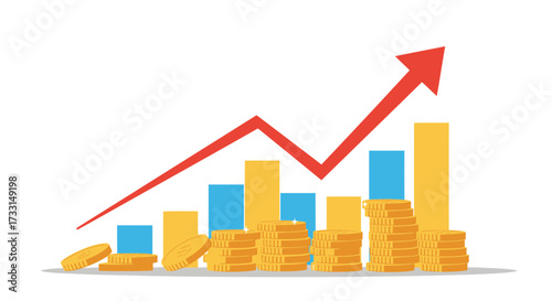 Rising Financial Growth Stacked Coins and Upward Trend Arrow Illustration.