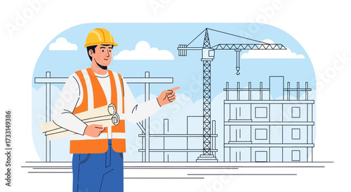 Construction worker in hard hat and safety vest on building site.