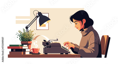 Woman typing on vintage typewriter at wooden desk with lamp and books.
