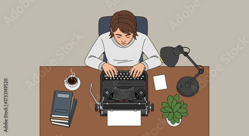 A person typing on a vintage typewriter at a desk with office supplies.