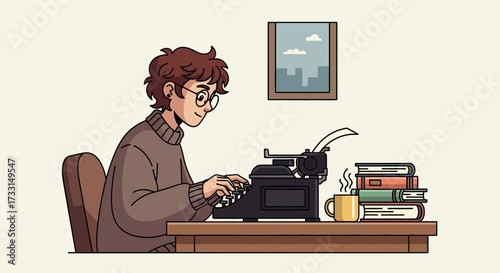 Cozy Writer at Desk with Vintage Typewriter and Books Illustration
