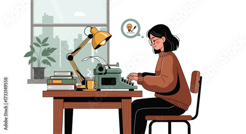 Creative Woman Typing on Vintage Typewriter, Idea Sparking, Urban Home Office Scene Illustration