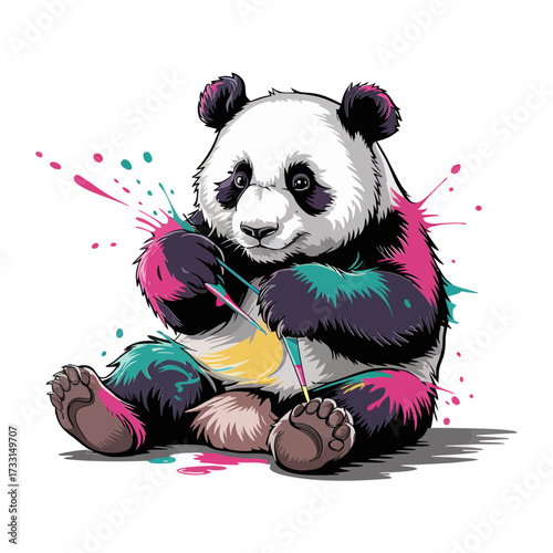 Playful panda bear with colorful paint splashes, sitting pose, cute wildlife character, creative mixed media style illustration
