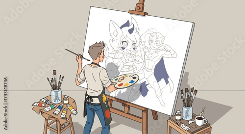 Male Artist Painting Original Anime-Style Fantasy Characters on Large Canvas in Art Studio