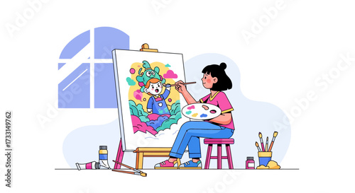 Creative Female Artist Painting Whimsical Art on Canvas with Palette and Brush. Flat Vector Illustration of a Painter in Studio.