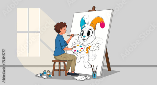 Artist painting vibrant cartoon character on easel with creative supplies
