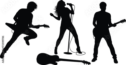 Rock band silhouettes with electric guitars and female singer performing on stage, live concert illustration, music performance artwork, isolated shadow figuresRock band silhouettes with electric 