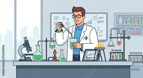 Smiling Scientist in Lab Coat Conducting Chemical Experiment with Pipette and Beaker. Modern Research Laboratory Illustration.