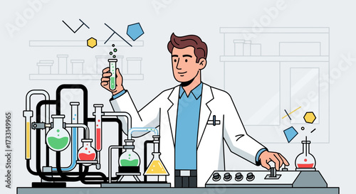 Chemist in lab coat conducting experiment with test tube in a modern laboratory. Science research and discovery.