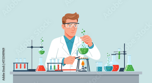Male Scientist Conducting Chemistry Experiment in Laboratory. Researcher with Flask, Test Tubes, and Bunsen Burner.