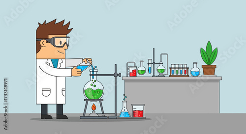 Cartoon Scientist Performing Chemical Experiment in Lab with Glassware & Liquids. Science Education & Research Concept.