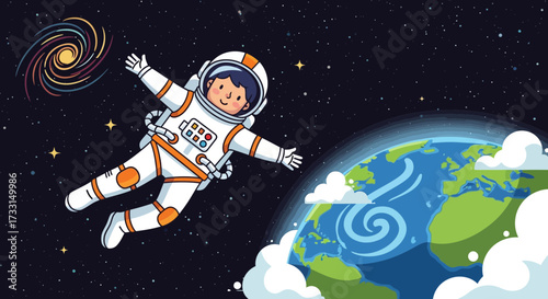 Happy cartoon astronaut in a spacesuit floating in outer space near Earth, with a colorful galaxy.