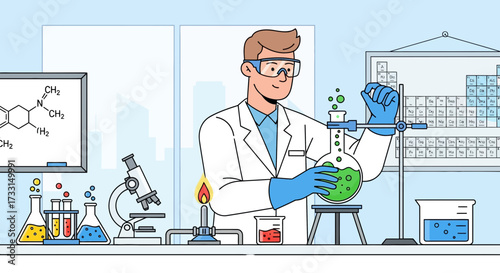 Scientist in lab coat and goggles conducting a chemistry experiment. Research and innovation in a modern laboratory.