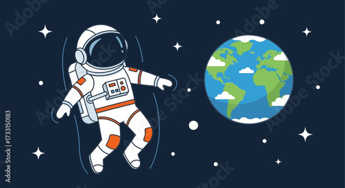 Cartoon Astronaut Floating in Space Next to Earth. Flat Vector Illustration of Spaceman and Planet with Stars.
