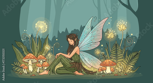 Whimsical Forest Fairy Illustration with Glowing Dandelions and Mushrooms in an Enchanted Magical Setting