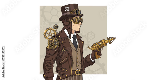 Steampunk man in top hat and goggles holding a futuristic gun.
