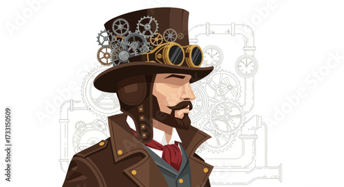 Steampunk man wearing goggles and top hat with mechanical components.
