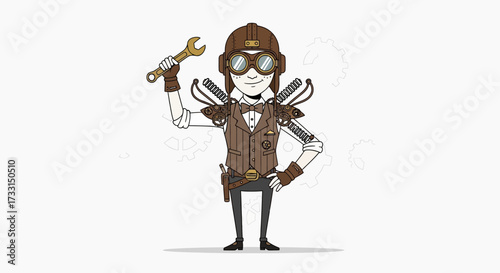 Steampunk inventor character illustration with gadgets and tools.