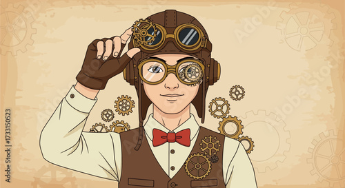 Steampunk inventor with goggles and mechanical gears.
