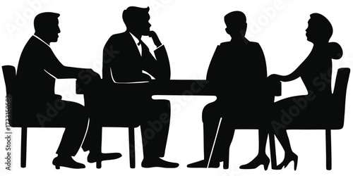 Business meeting silhouettes vector – coworkers sitting at table in conference or discussion scene illustration 