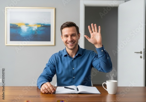 Friendly man waving hello from his desk during a virtual meeting or video call presentation