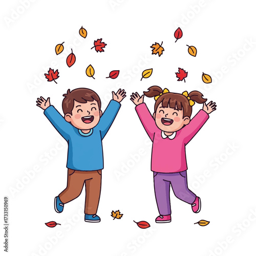 Cheerful children throwing colorful autumn leaves in the air with joyful expressions on a clean white background.