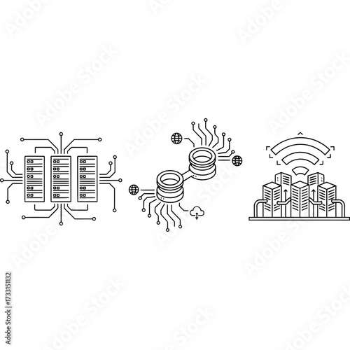 Conceptual illustrations of digital technology, including data storage, networking, and smart city concepts