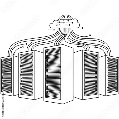 Monochrome sketch of a server farm with multiple racks transferring data to and from a cloud network, illustrating a cloud computing and hosting concept