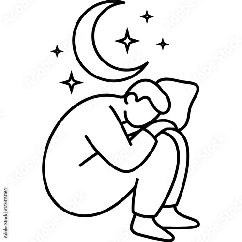 Illustration of a person struggling with insomnia, depicted with a crescent moon and stars overhead