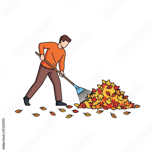 A man in an orange shirt raking a pile of colorful autumn leaves with a blue and gray rake on a white background.