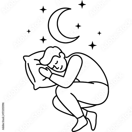 Minimalist line art illustration of a person sleeping peacefully in the fetal position, dreaming under a crescent moon and starry night sky