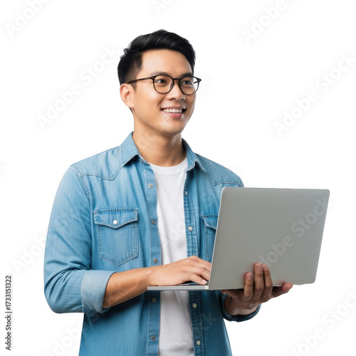 Young asian man in glasses with laptop isolated on transparent background