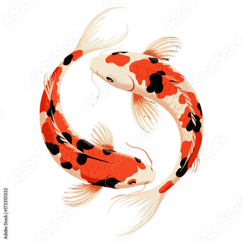 Koi fish pair circling, red and white markings, traditional aquatic symbol, harmony and balance theme, refined decorative illustration