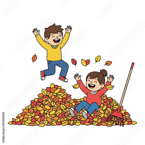 Two happy children playing in a large pile of colorful autumn leaves with a broom on a clean white background.